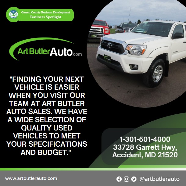 Todays Business Spotlight 🏎 is on Art Butler Auto Sales!
Visit them at www.artbutlerauto.com or Art Butler Auto Sales
Follow us to see more daily Garrett County Business Spotlights!
If you are interested in having your business featured contact Connor Norman at cnorman@garrettcountymd.gov. #businessdevelopment #garrettcountymd